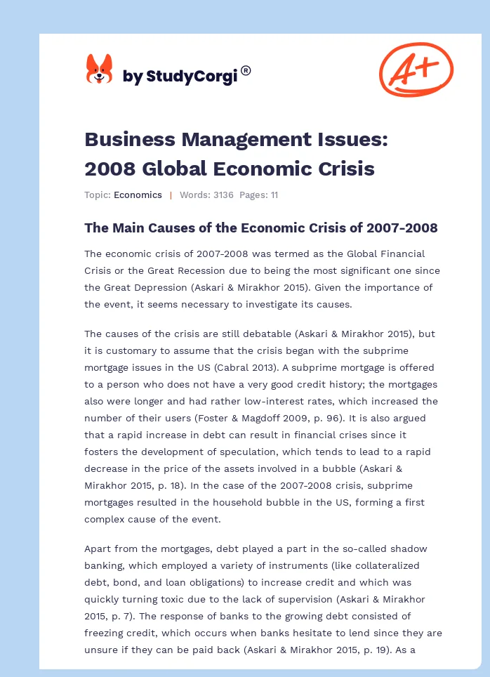 Business Management Issues: 2008 Global Economic Crisis. Page 1