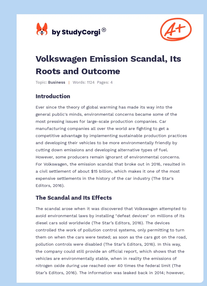 Volkswagen Emission Scandal, Its Roots and Outcome. Page 1