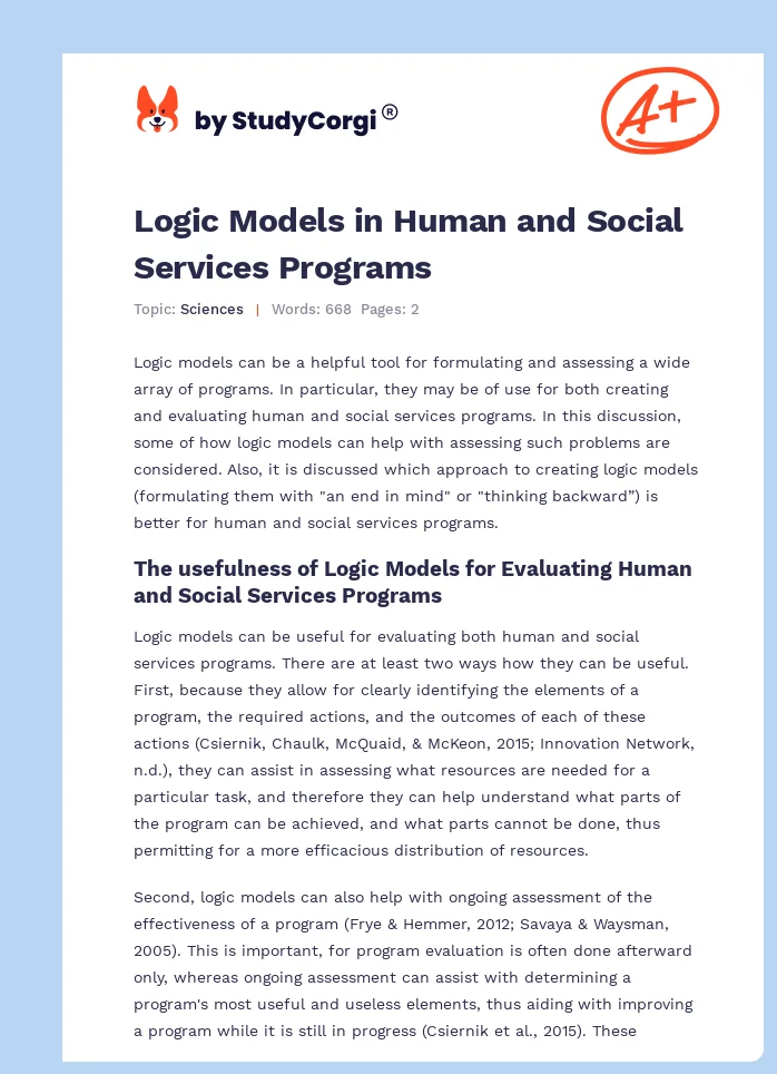 Logic Models in Human and Social Services Programs. Page 1