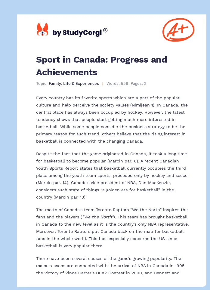 Sport in Canada: Progress and Achievements. Page 1
