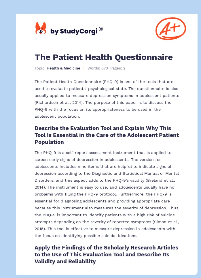 The Patient Health Questionnaire. Page 1