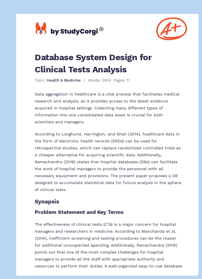 Database System Design for Clinical Tests Analysis. Page 1