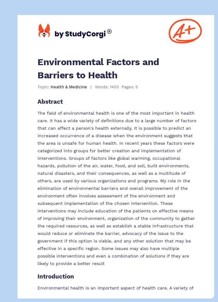 Environmental Factors and Barriers to Health. Page 1