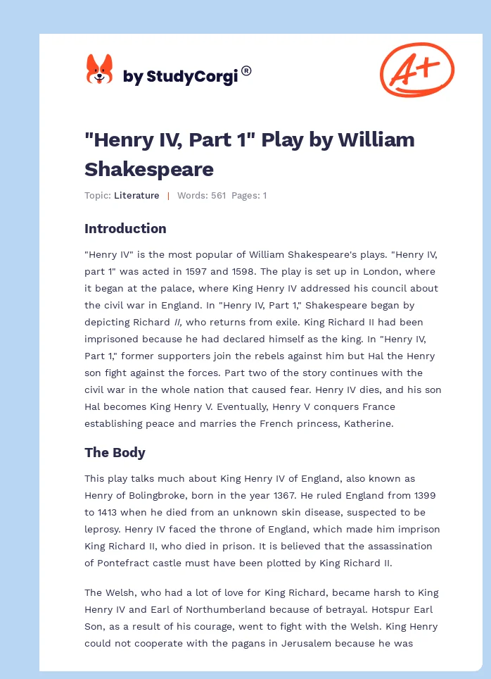 "Henry IV, Part 1" Play by William Shakespeare. Page 1