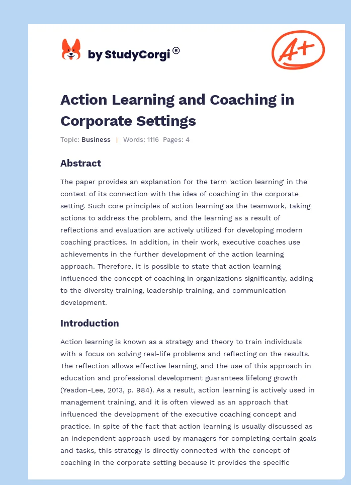 Action Learning and Coaching in Corporate Settings. Page 1