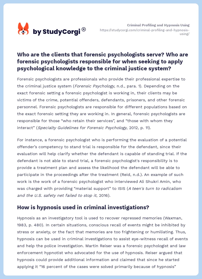 Criminal Profiling and Hypnosis Using. Page 2