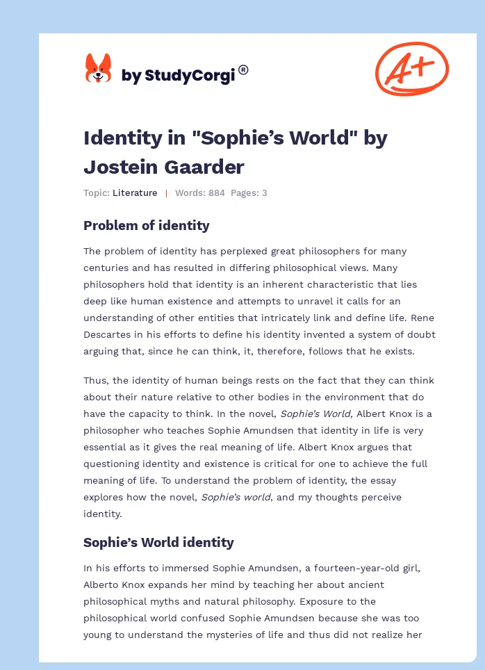 Identity in "Sophie’s World" by Jostein Gaarder. Page 1