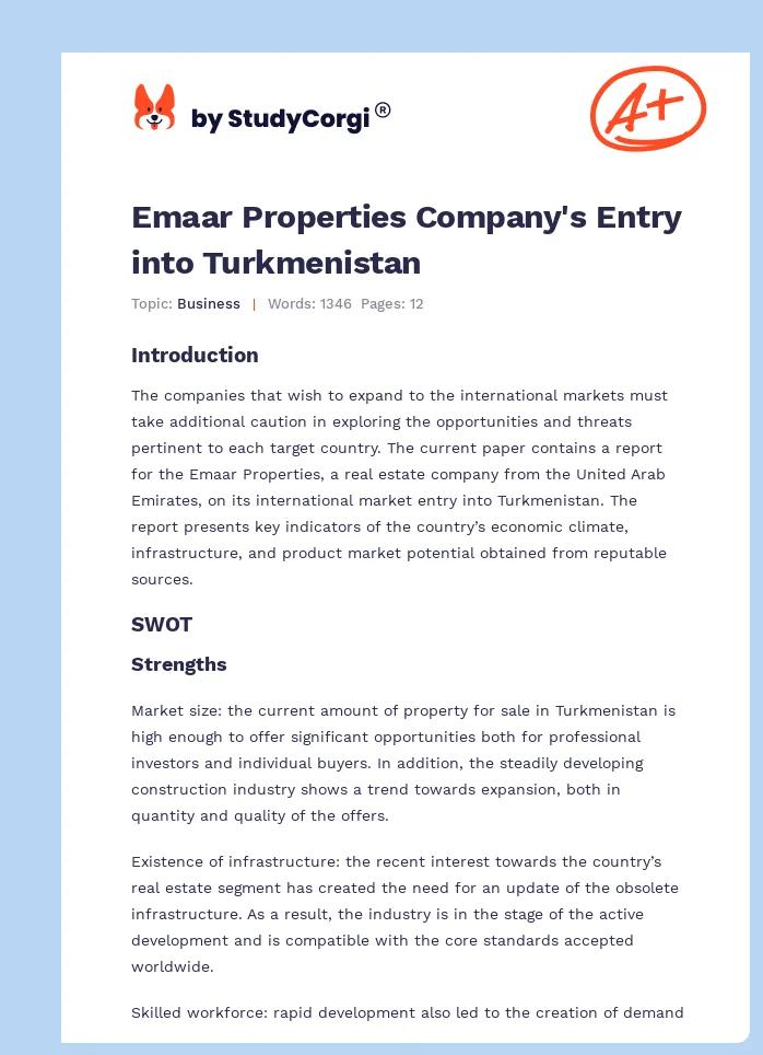 Emaar Properties Company's Entry into Turkmenistan. Page 1