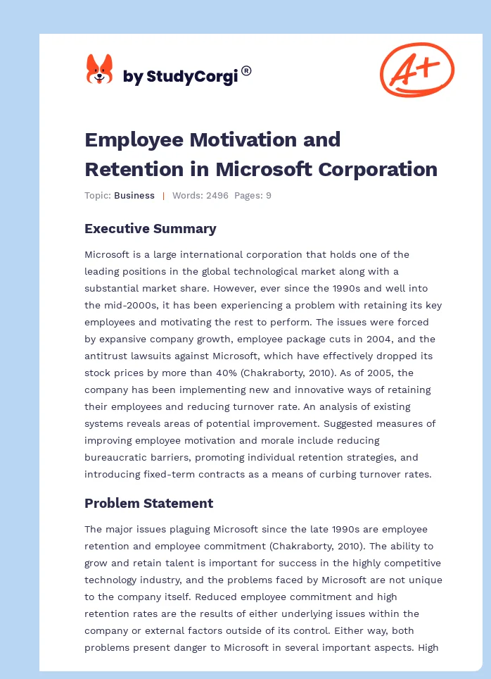 Employee Motivation and Retention in Microsoft Corporation. Page 1