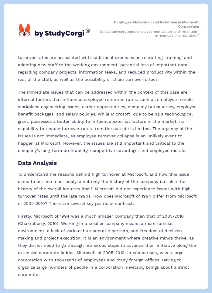 Employee Motivation and Retention in Microsoft Corporation. Page 2