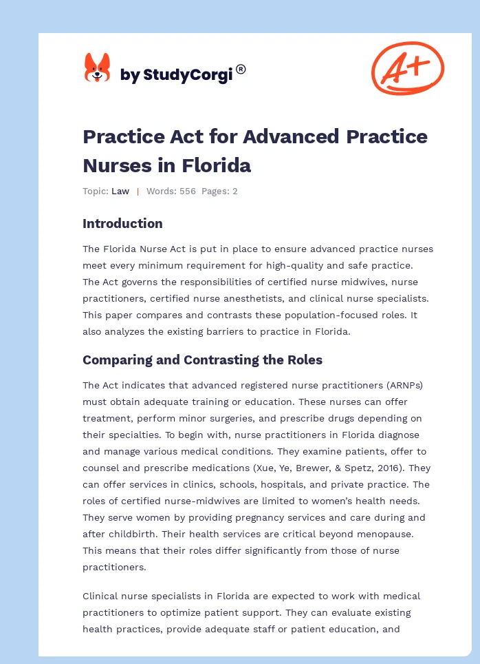 Practice Act for Advanced Practice Nurses in Florida. Page 1