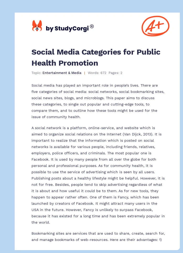 Social Media Categories for Public Health Promotion. Page 1