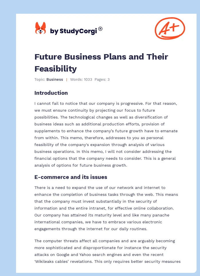 Future Business Plans and Their Feasibility. Page 1