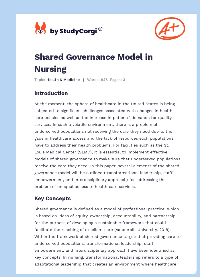 Shared Governance Model in Nursing. Page 1