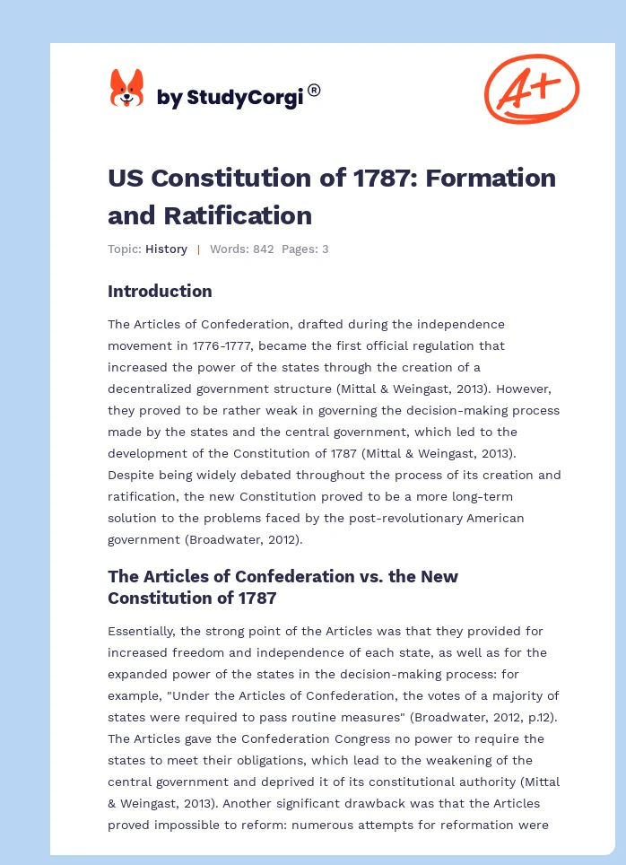 US Constitution of 1787: Formation and Ratification. Page 1