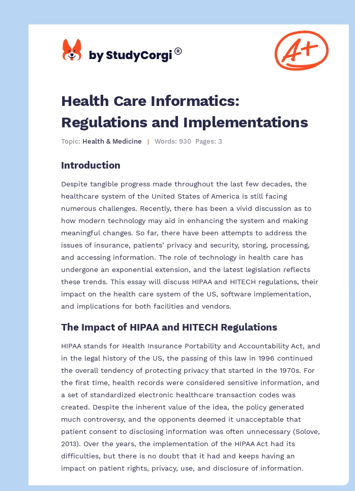 Health Care Informatics: Regulations and Implementations. Page 1