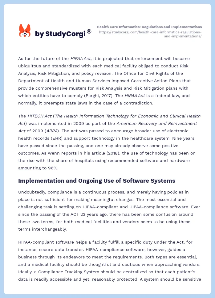 Health Care Informatics: Regulations and Implementations. Page 2