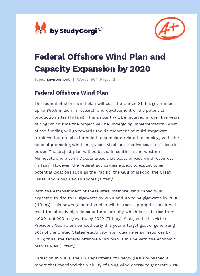 Federal Offshore Wind Plan and Capacity Expansion by 2020. Page 1