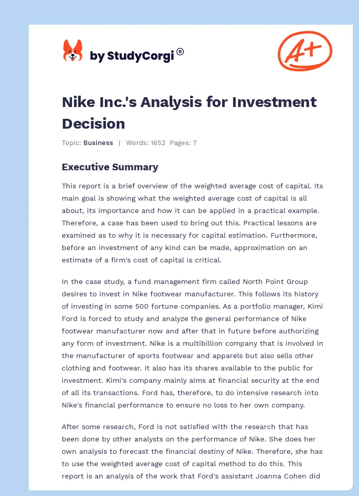 Nike Inc.'s Analysis for Investment Decision. Page 1