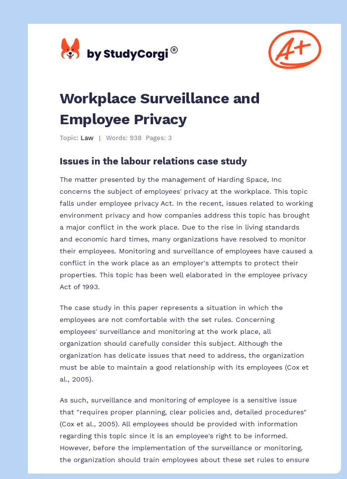 Workplace Surveillance and Employee Privacy. Page 1