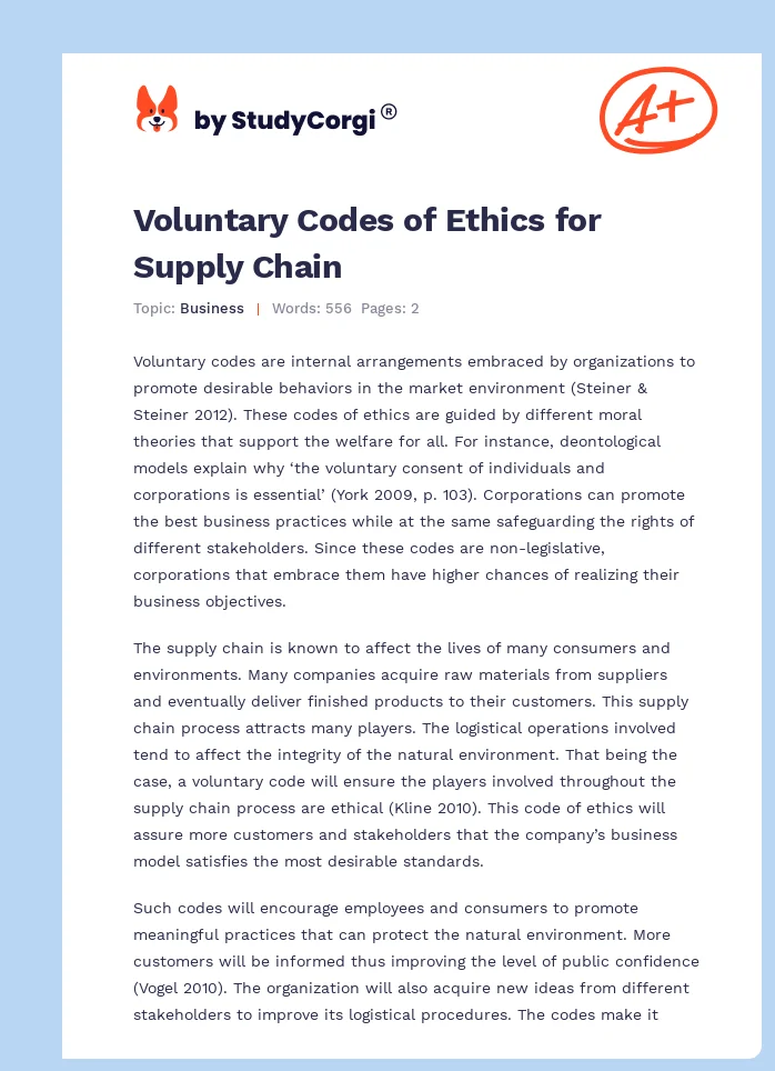 Voluntary Codes of Ethics for Supply Chain. Page 1
