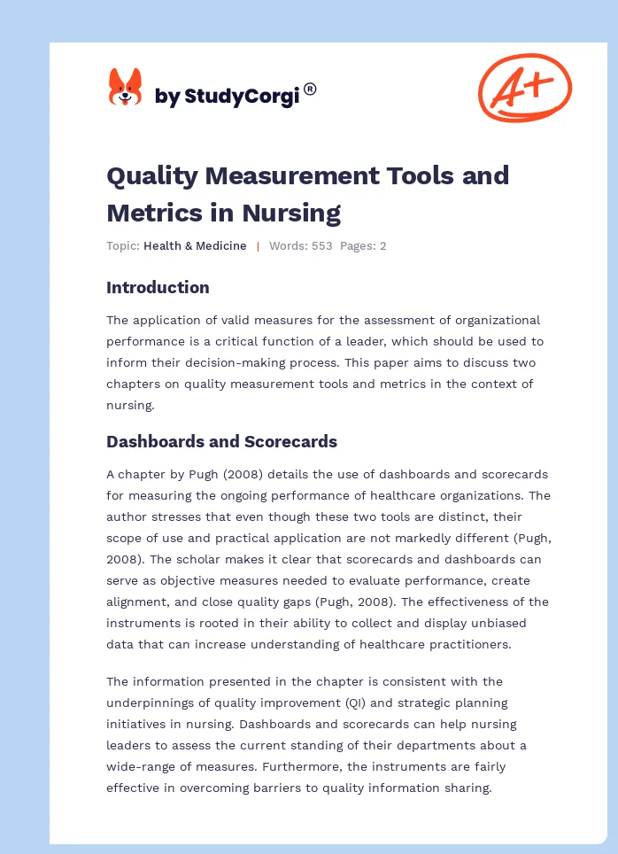 Quality Measurement Tools and Metrics in Nursing. Page 1