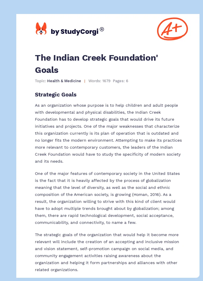 The Indian Creek Foundation' Goals. Page 1