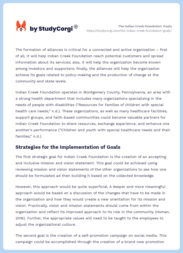The Indian Creek Foundation' Goals. Page 2