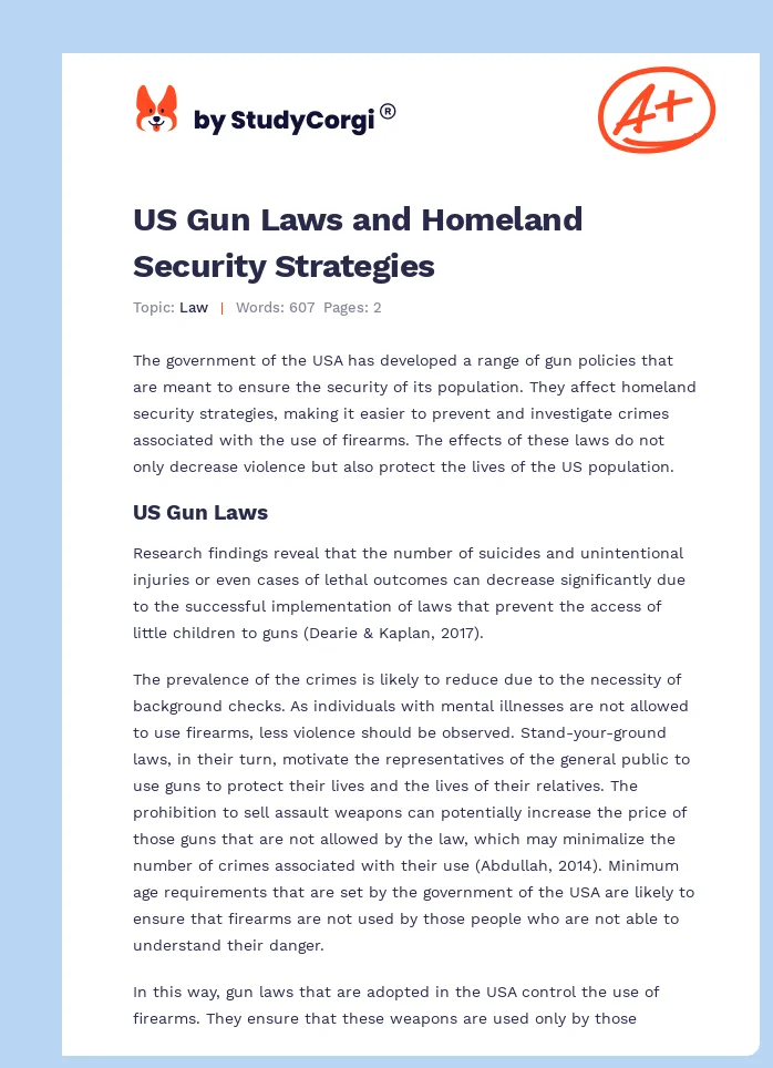 US Gun Laws and Homeland Security Strategies. Page 1