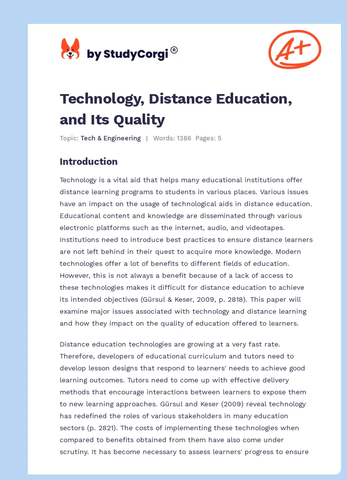 Technology, Distance Education, and Its Quality. Page 1