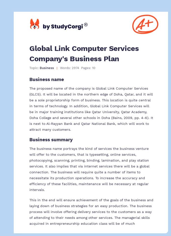 Global Link Computer Services Company's Business Plan. Page 1