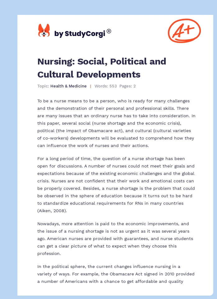 Nursing: Social, Political and Cultural Developments. Page 1