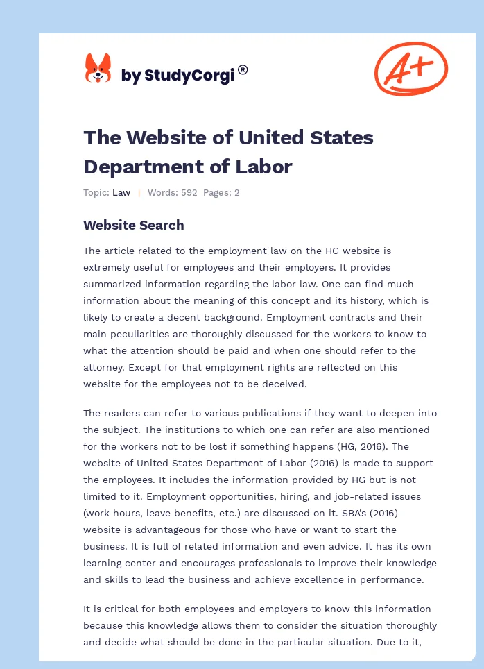 The Website of United States Department of Labor. Page 1