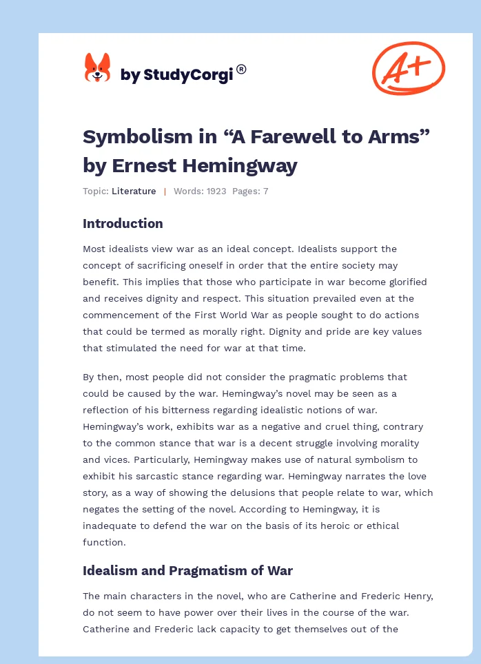 Symbolism in “A Farewell to Arms” by Ernest Hemingway. Page 1