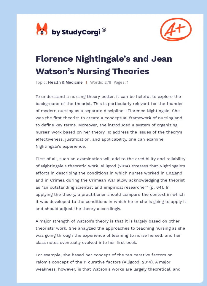 Florence Nightingale’s and Jean Watson’s Nursing Theories. Page 1