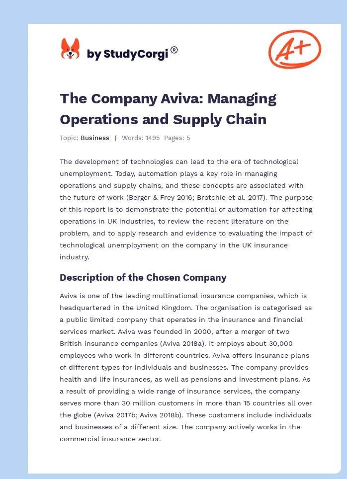 The Company Aviva: Managing Operations and Supply Chain. Page 1