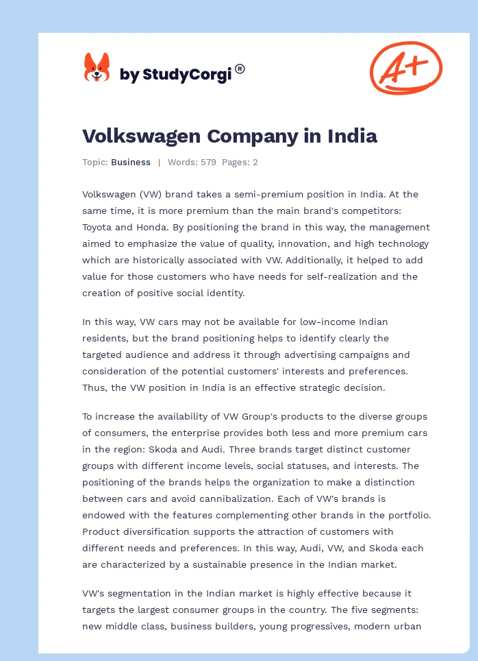 Volkswagen Company in India. Page 1