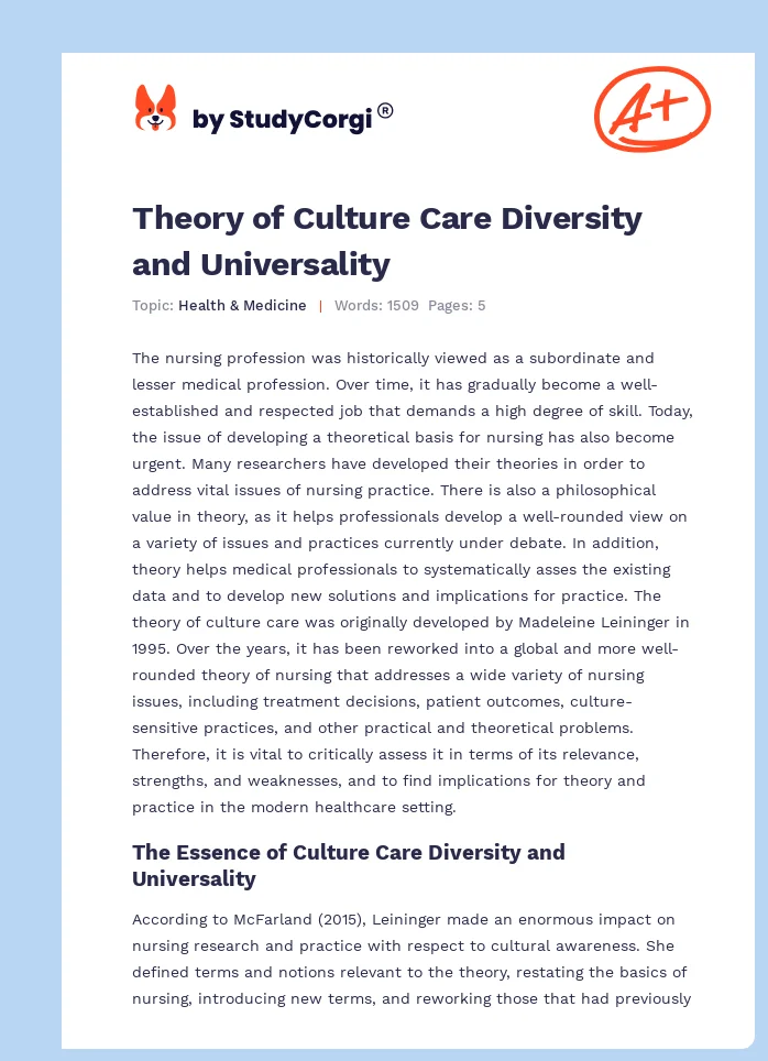 Theory of Culture Care Diversity and Universality. Page 1