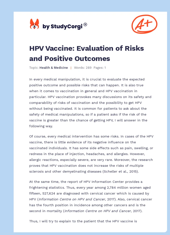 HPV Vaccine: Evaluation of Risks and Positive Outcomes. Page 1