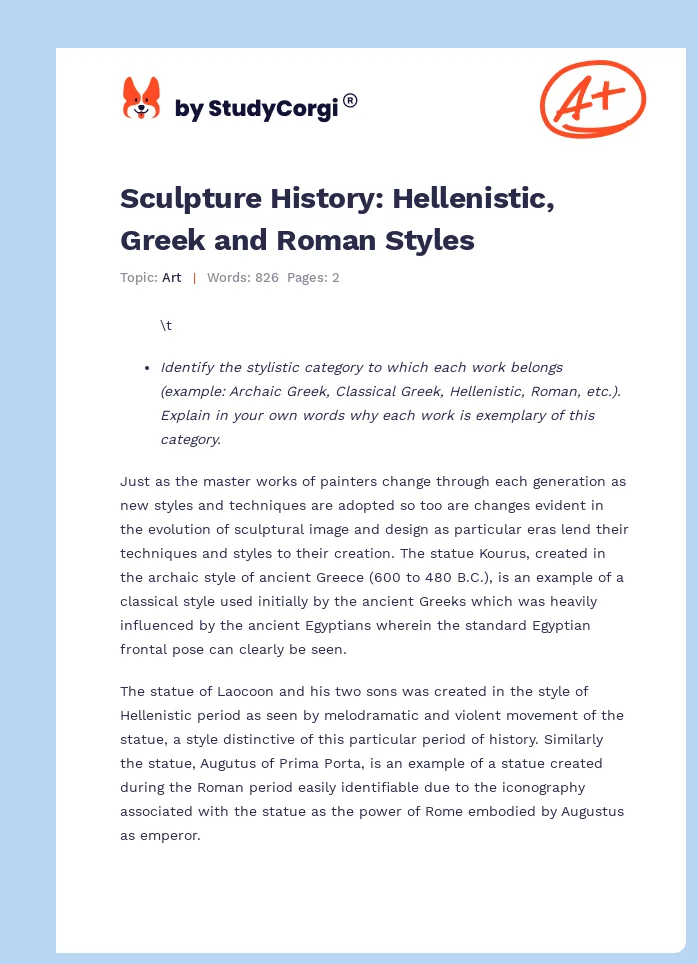 Sculpture History: Hellenistic, Greek and Roman Styles. Page 1