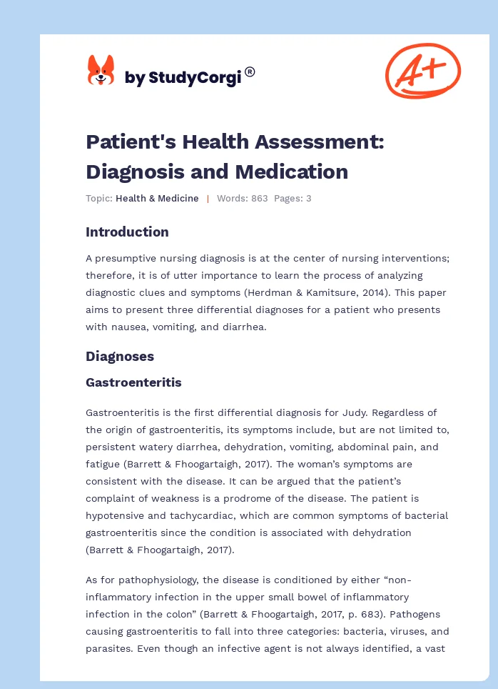 Patient's Health Assessment: Diagnosis and Medication. Page 1