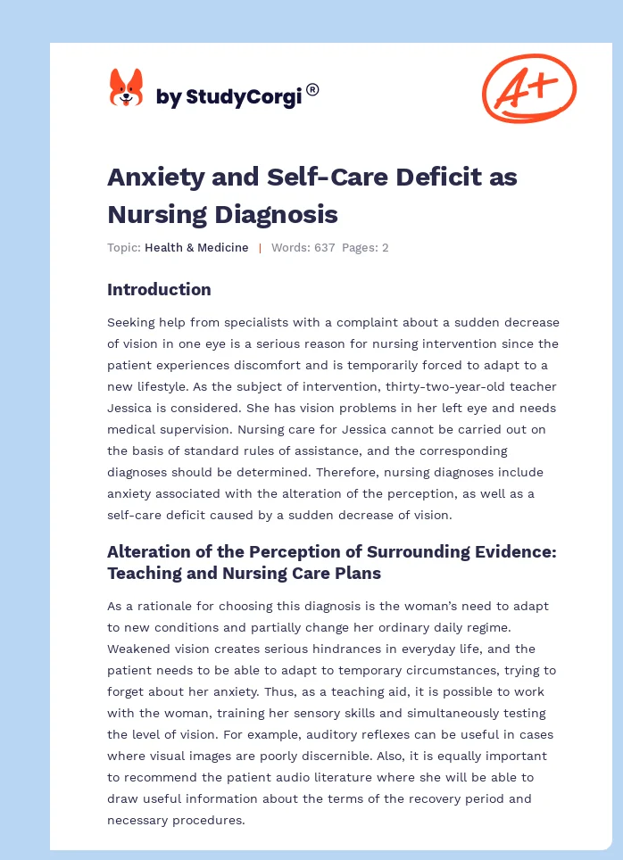 Anxiety and Self-Care Deficit as Nursing Diagnosis. Page 1