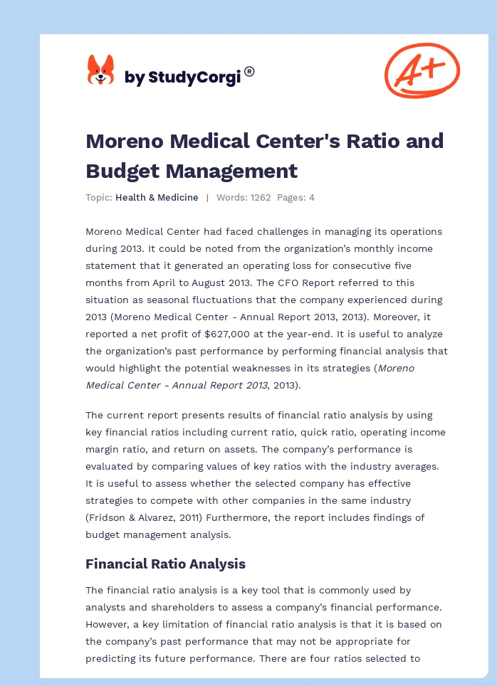 Moreno Medical Center's Ratio and Budget Management. Page 1