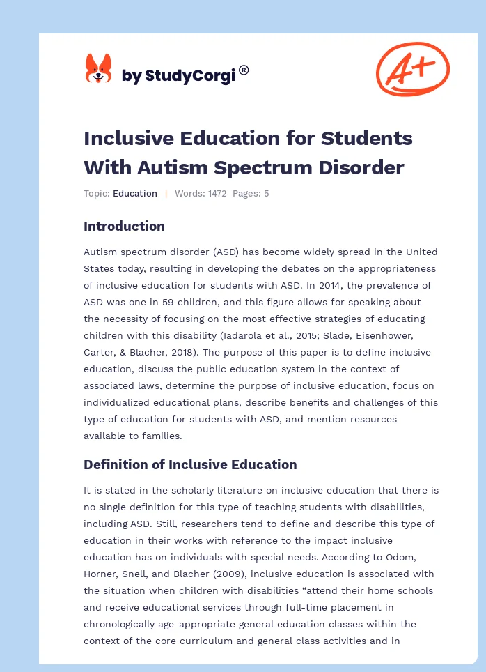 Inclusive Education for Students With Autism Spectrum Disorder. Page 1