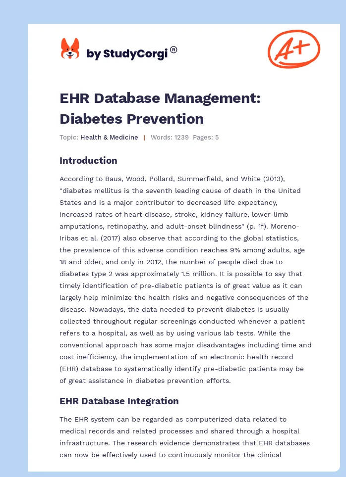 EHR Database Management: Diabetes Prevention. Page 1
