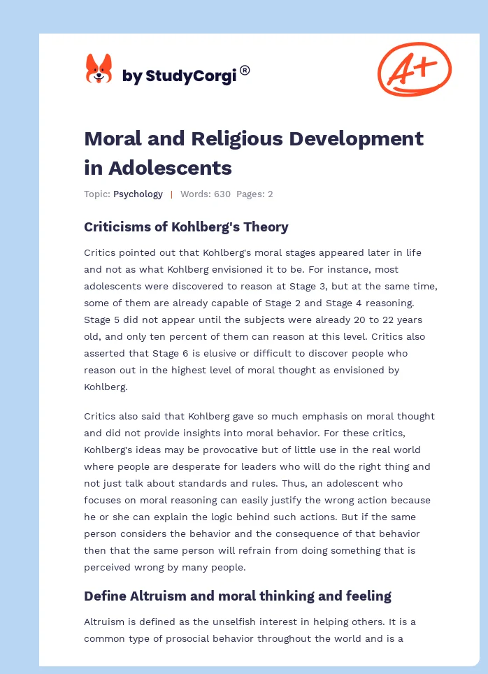 Moral and Religious Development in Adolescents. Page 1
