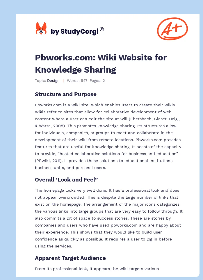 Pbworks.com: Wiki Website for Knowledge Sharing. Page 1