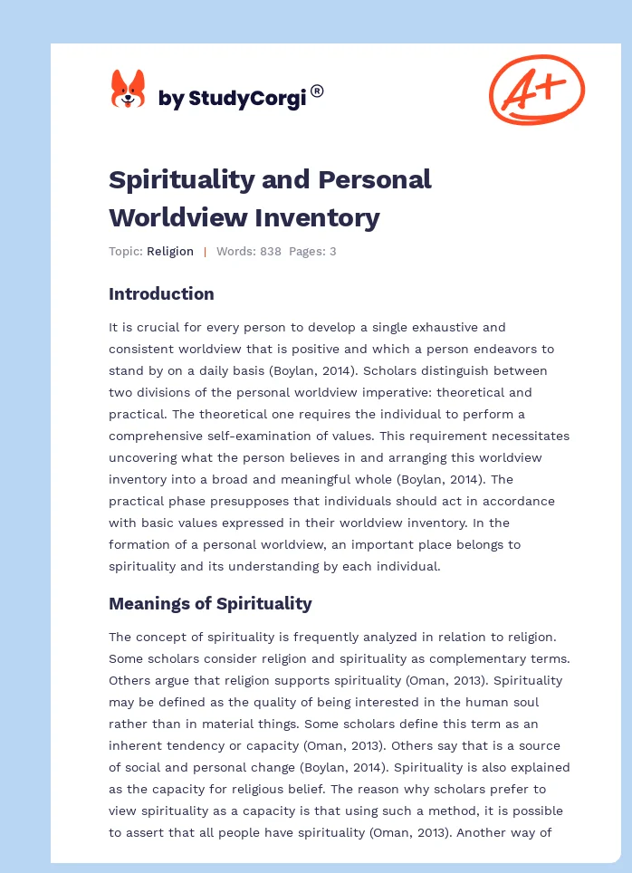 Spirituality and Personal Worldview Inventory. Page 1