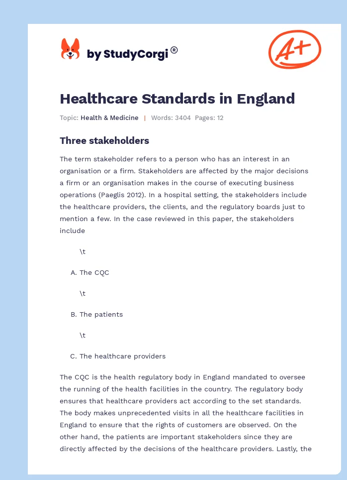 Healthcare Standards in England. Page 1