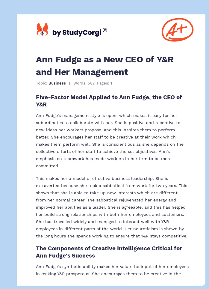 Ann Fudge as a New CEO of Y&R and Her Management. Page 1